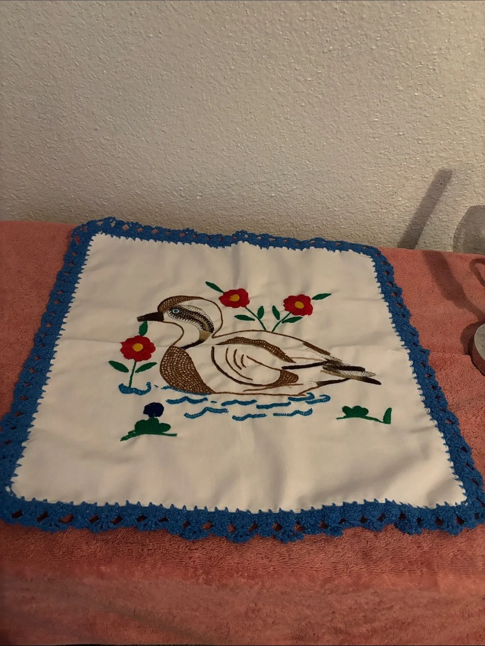 Handmade White Duck Embroidered Table Cover with Blue Trim